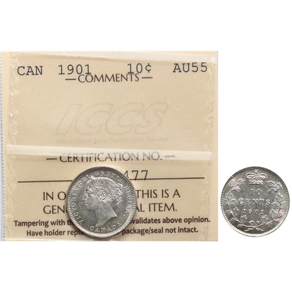1901 10¢ ICCS Choice About Uncirculated-55 Brilliant and lustrous.