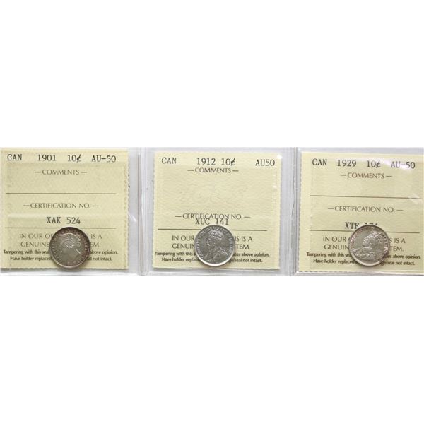 1901 10¢, 1912, 1929 All 3 coins ICCS About Uncirculated-50