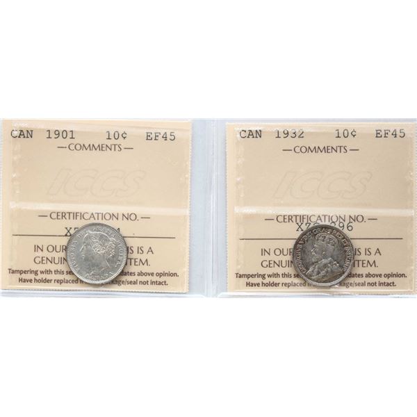 1901 10¢, 1932, Both coins ICCS Choice Extra Fine-45.  Brilliant and lustrous.