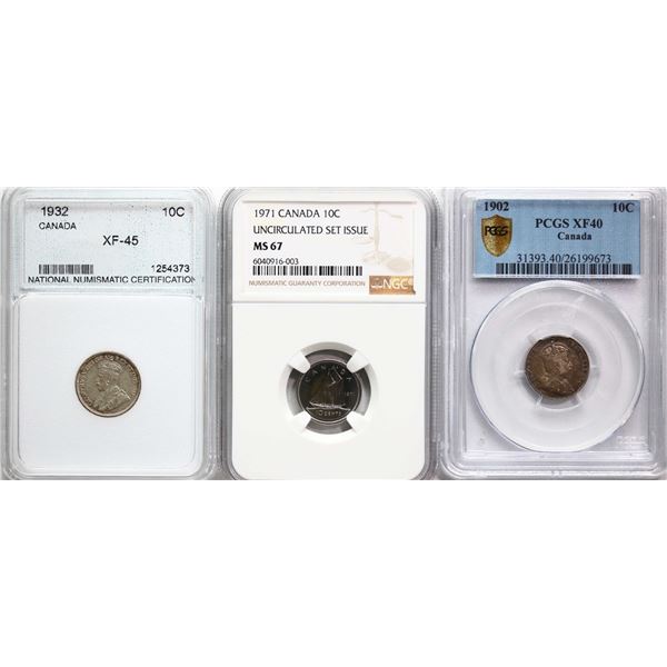 1902 10¢ PCGS Extra Fine-40, 1932 NNC Choice Extra Fine-45, 1971 NGC Superb Gem Mint State-67 -NBU, 