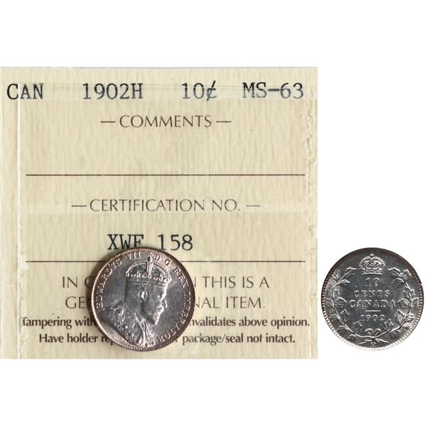 1902H 10¢  ICCS Choice Mint State-63 Fully brilliant and lustrous with golden tone around the rims.