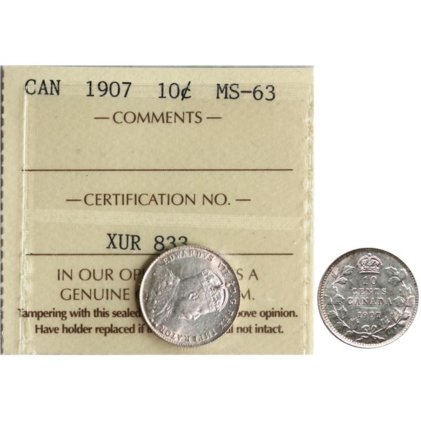 1907 10¢  ICCS Choice Mint State-63 Fully brilliant and lustrous.