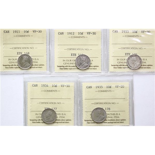 1911 10¢, 1912, 1933, 1934, 1935 All 5 coins ICCS Choice Very Fine-30 except the 1935 is Very Fine-2