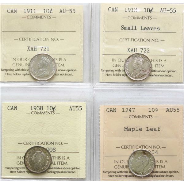 1911 10¢, 1913 "Small Leaves", 1938, 1947 "Maple Leaf", All 4 coins ICCS Choice About Uncirculated-5