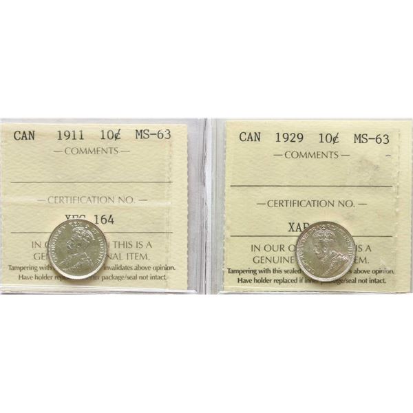 1911 10¢, 1929 Both coins ICCS Choice Mint State-63.