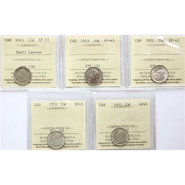 1913 10¢ "Small Leaves", 1919, 1931, 1934, 1935 All 5 coins ICCS Choice Extra Fine-45.