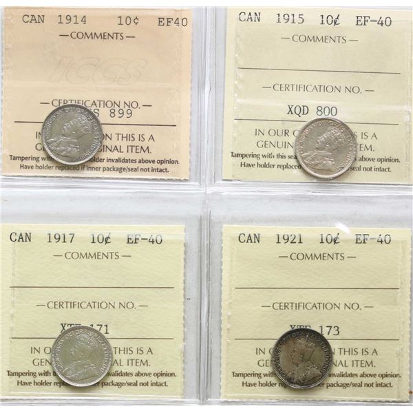 1914 10¢, 1915, 1917, 1921 All 4 coins ICCS Extra Fine-40.