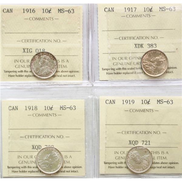 1916 10¢, 1917, 1918, 1919, All 4 coins ICCS Choice Mint State-63.
