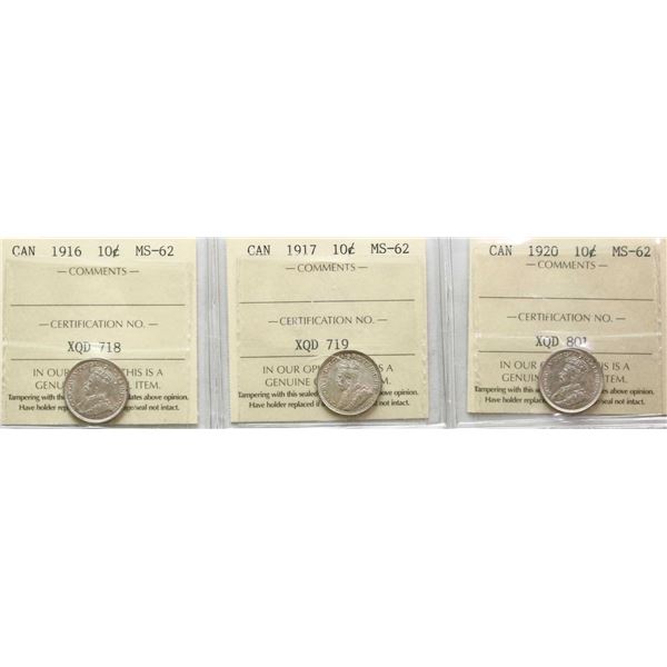1916 10¢, 1917, 1920 All 3 coins ICCS Choice Mint State-62.