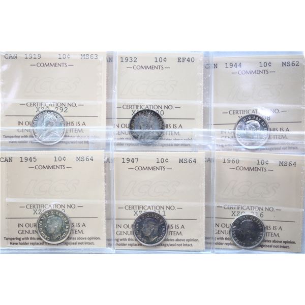 1919 10¢, 1932, 1944, 1945, 1947, 1960, All 6 coins ICCS Extra Fine-40 to Very Choice Mint State-64.