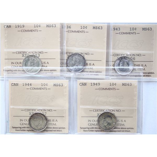 1919 10¢, 1936, 1943, 1944, 1949, All 5 coins ICCS Choice Mint State-63.