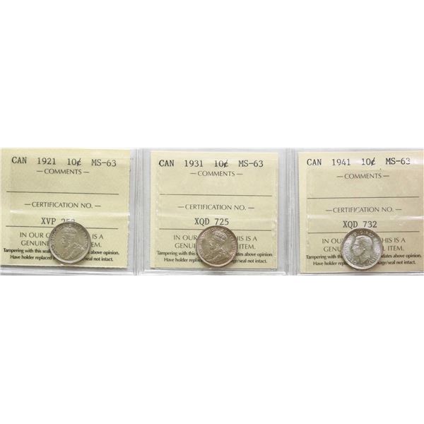 1921 10¢ , 1931, 1941, All 3 coins ICCS Choice Mint State-63