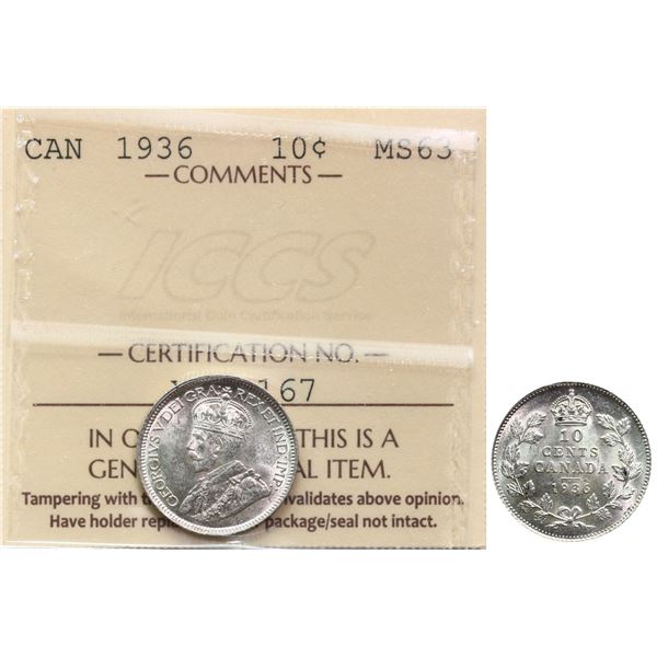 1936 10¢ ICCS Choice Mint State-63 Brilliant and lustrous.
