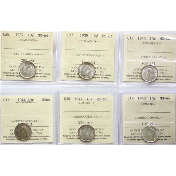 1937 10¢, 1939, 1940, 1944, 1947, 1950, 1962 Cameo, 1964 All 8 coins ICCS Very Choice Mint State-64.