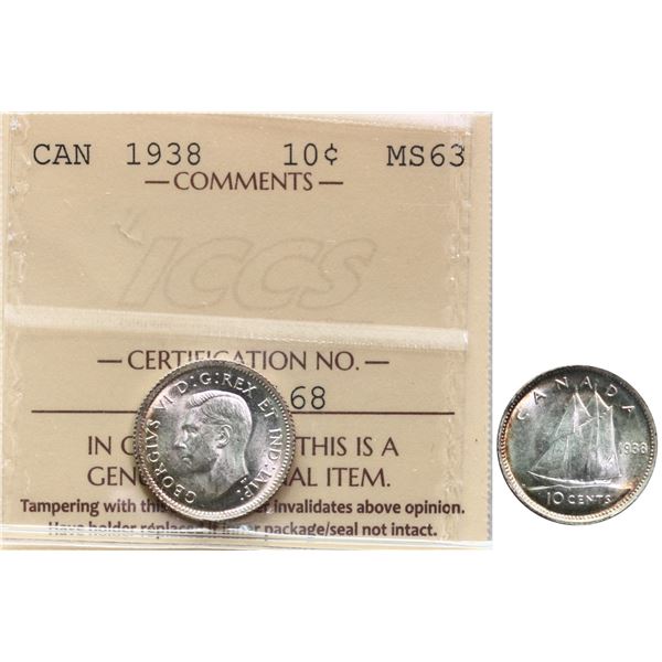 1938 10¢ ICCS Choice Mint State-63 Brilliant and lustrous.