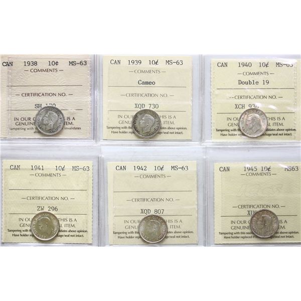 1938 10¢, 1939 Cameo, 1940 "Double 19", 1941, 1942, 1945, 1950, 1956 All 8 coins ICCS Choice Mint St