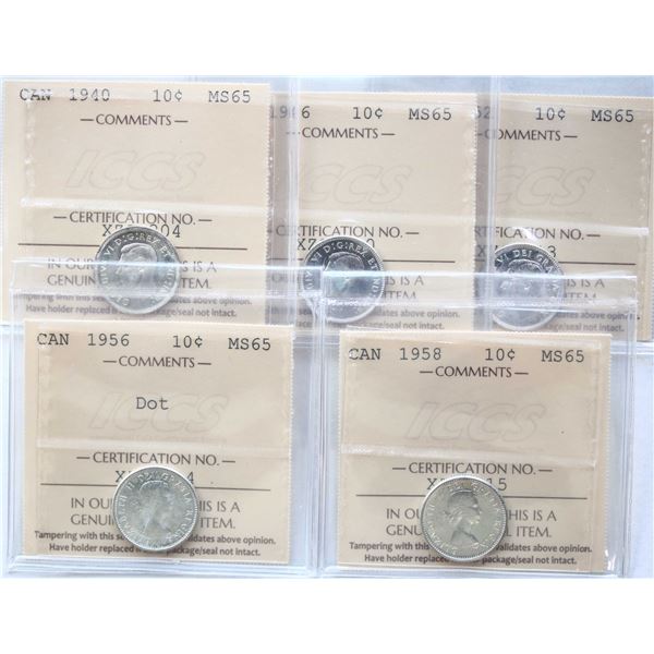 1940 10¢, 1946, 1952, 1956 "Dot", 1958, All 5 coins ICCS Gem Mint State-65