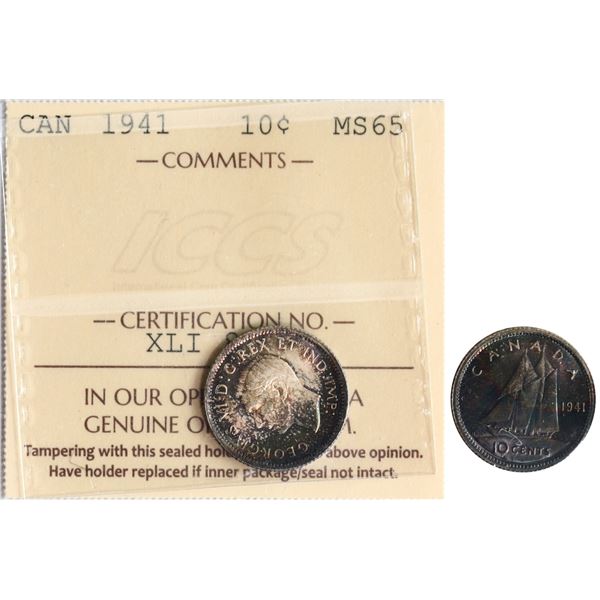 1941 10¢ ICCS Gem Mint State-65, Superb toning over full underlying lustre