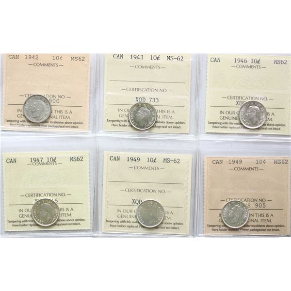 1942 10¢, 1943, 1946, 1947, 1949 (2), 1952 All 7 coins ICCS Choice Mint State-62.