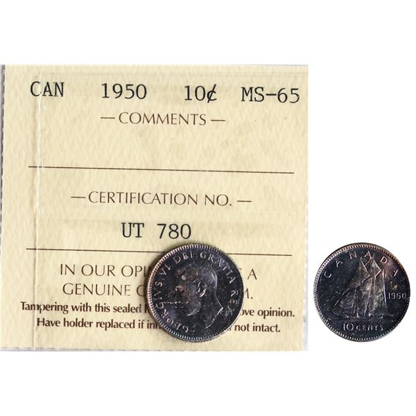 1950 10¢ ICCS Gem Mint State-65, Superb toning over full underlying lustre