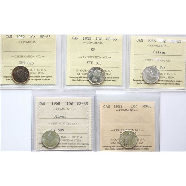 1952 10¢, 1953 "SF", 1968 "Silver"(2), 1959 All 5 coins ICCS Gem Mint State-65.