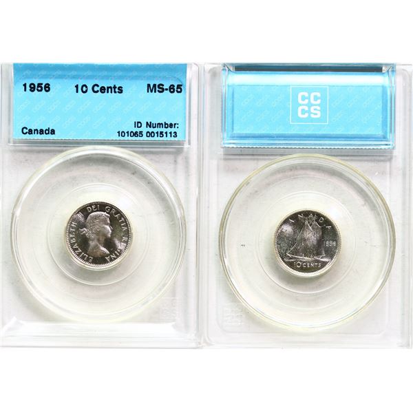1956 10¢ CCCS Gem Mint State-65 Fully brilliant and highly lustrous.