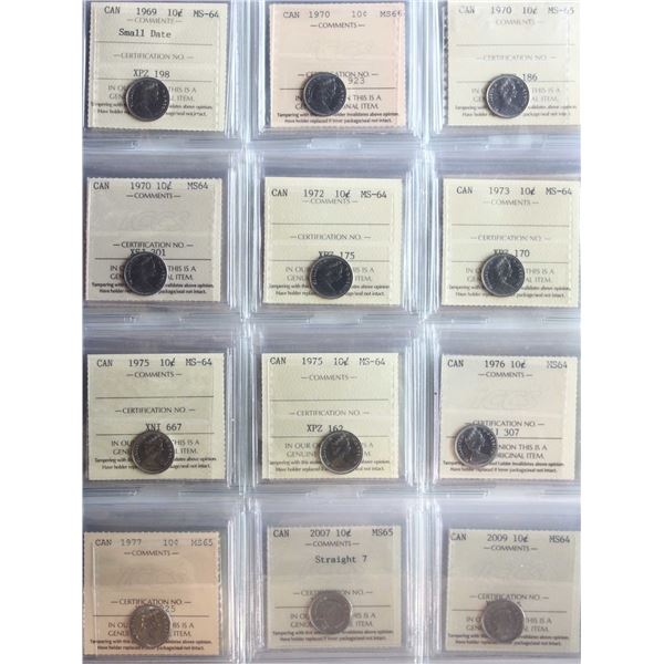 1969-2017 10¢ All 30 coins ICCS Very Choice Mint State-64 to Superb Gem Mint State-66.  includes som