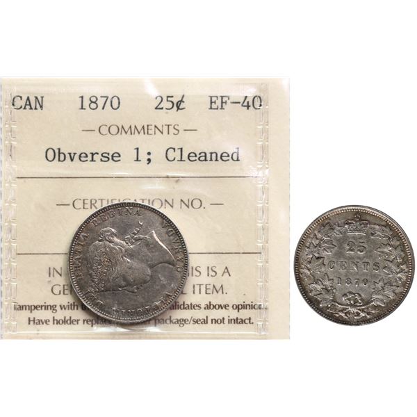 1870 25¢ "Obv.1" ICCS Extra Fine-40, Lightly toned with nice lustre in the devices.  Very lightly cl