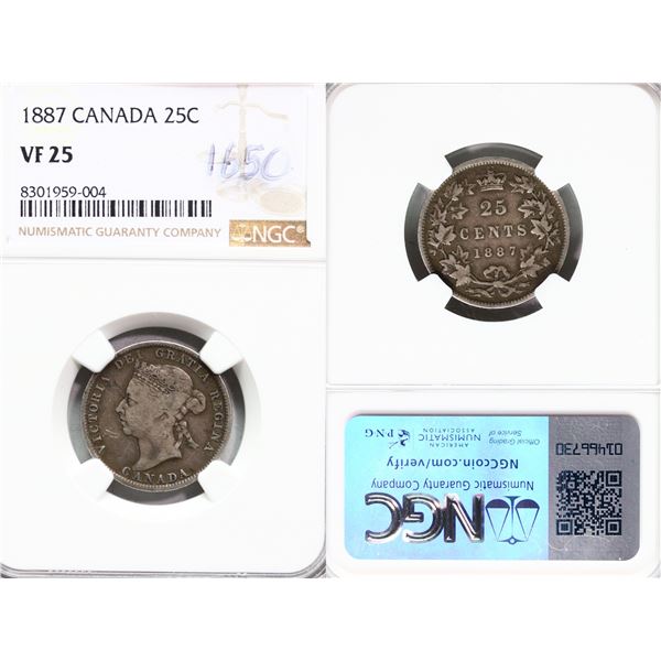 1887 25¢ NGC Choice Very Fine-25, Key date. BV $1650