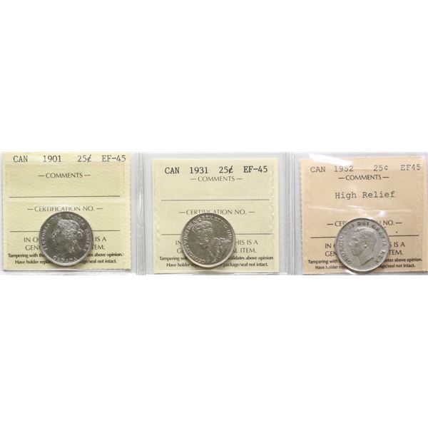 1901 25¢,1931, 1952 "High Relief", All 3 coins ICCS Choice Extra Fine-45.
