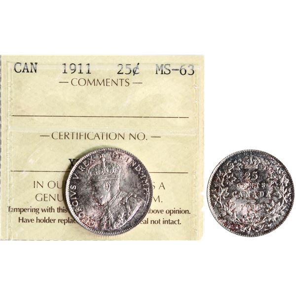 1911 25¢ ICCS Choice Mint State-63 Fully Brilliant and lustrous with light purple tone.