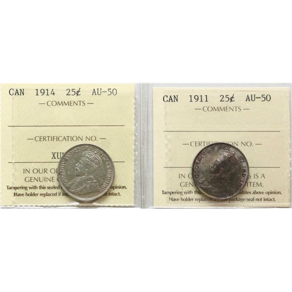 1911 25¢, 1914 Both coins ICCS About Uncirculated-50.