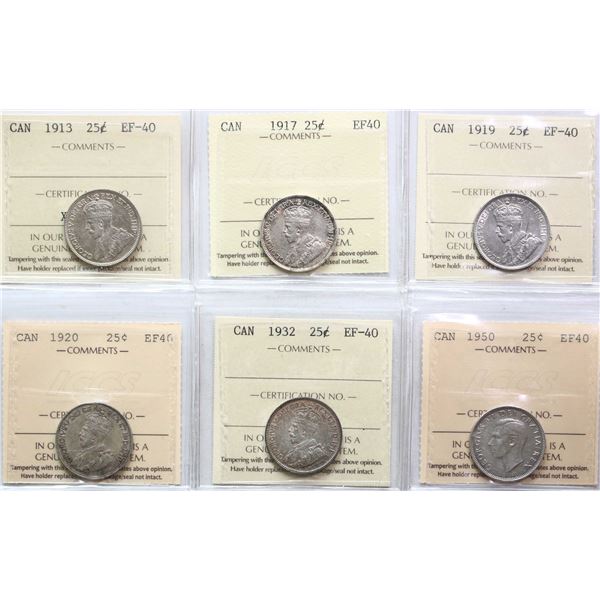 1913 25¢, 1917, 1919, 1920, 1932, 1950, All 6 coins ICCS Extra Fine-40.