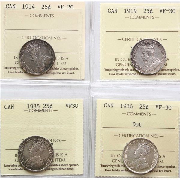 1914 25¢, 1919, 1935, 1936 "DOT", All 4 coins ICCS Choice Very Fine-30.