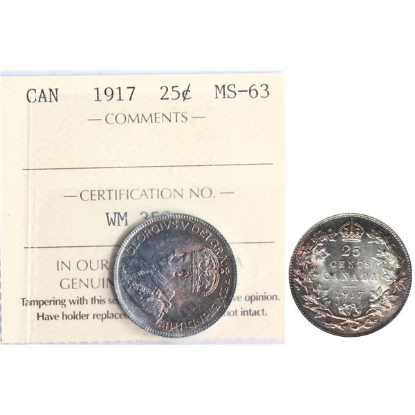 1917 25¢ ICCS Choice Mint State-63 Attractively toned.