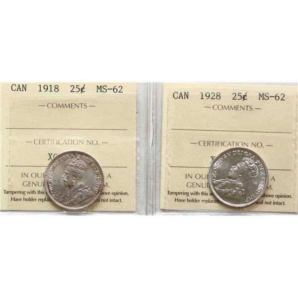 1918 25¢, 1928 Both coins ICCS Choice Mint State-62.