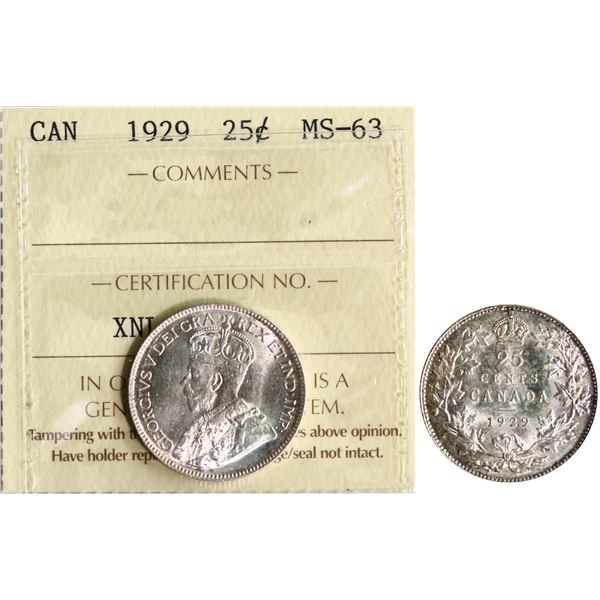1929 25¢ ICCS Choice Mint State-63 Fully brilliant and lustrous.