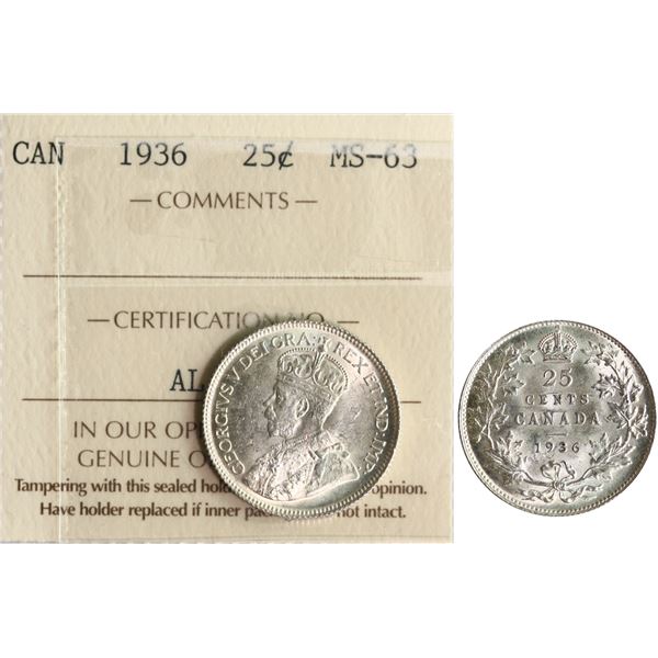 1936 25¢ ICCS Choice Mint State-63 Fully brilliant and lustrous.