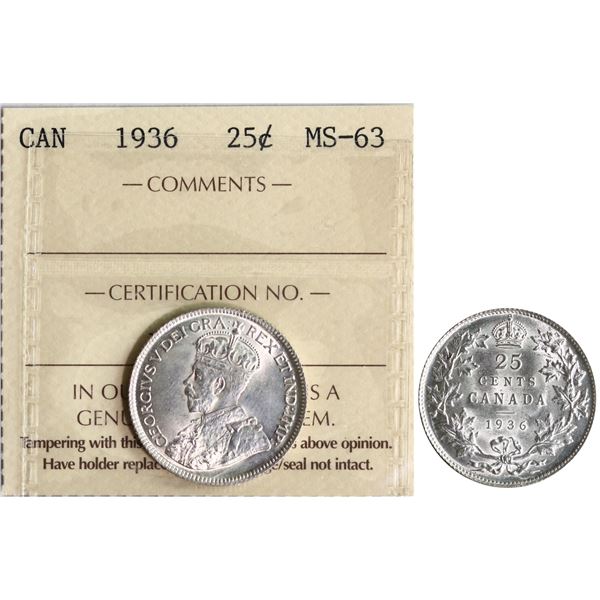 1936 25¢ ICCS Choice Mint State-63 Fully brilliant and lustrous.