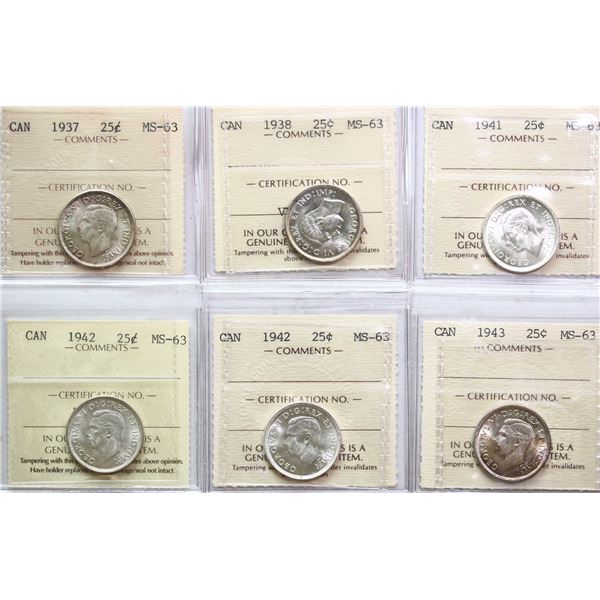 1937 25¢, 1938, 1941, 1942 (2), 1943, 1944, 1945, 1946, 1948, 1949, 1959,  All 12 coins ICCS Choice 