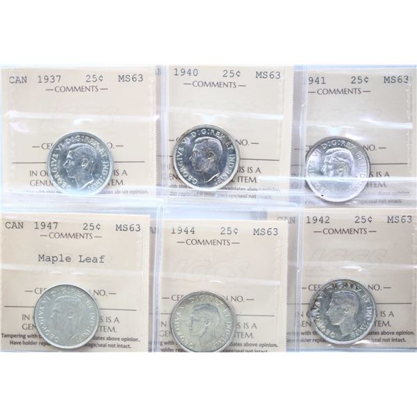 1937 25¢, 1940, 1941, 1942, 1944, 1947 "ML", All 6 coins ICCS Choice Mint State-63