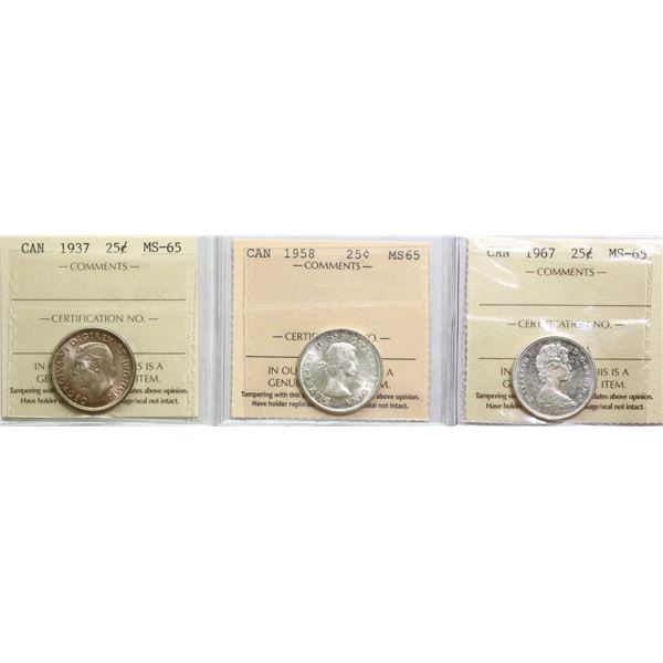 1937 25¢, 1958, 1967, All 3 coins ICCS Gem Mint State-65