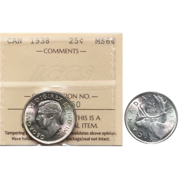 1938 25¢ ICCS Very Choice Mint State-64  Fully brilliant and lustrous.