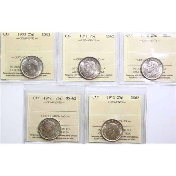 1938 25¢, 1941, 1942, 1943, 1947, All 5 coins ICCS Choice Mint State-62.