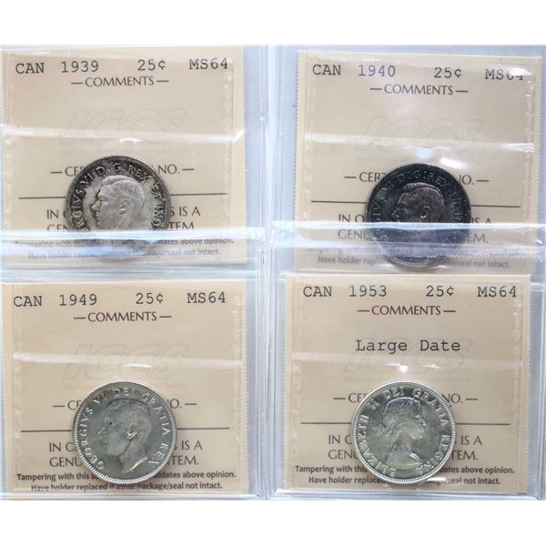 1939 25¢, 1940, 1949, 1953 "LD", all 4 coins ICCS Very Choice Mint State-64