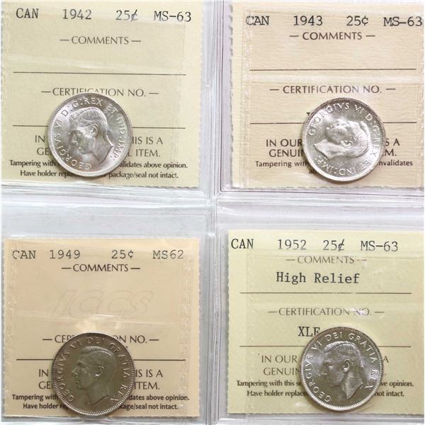 1942 25¢, 1943, 1949, 1952 "High Relief", All 4 coins ICCS Choice Mint State-63.