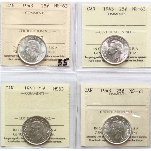 1943 25¢, All 4 coins ICCS Choice Mint State-63