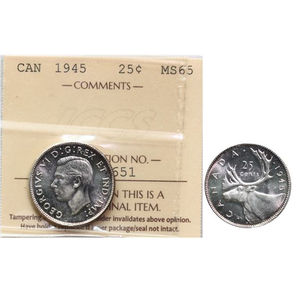 1945 25¢ ICCS Gem Mint State-65  Fully brilliant and lustrous with hint of russet tone.