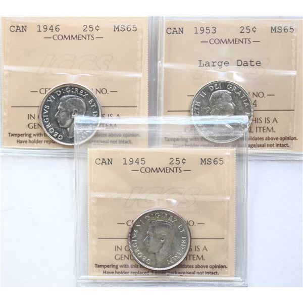 1945 25¢, 1946, 1953 "LD", All 3 coins ICCS Gem Mint State-65