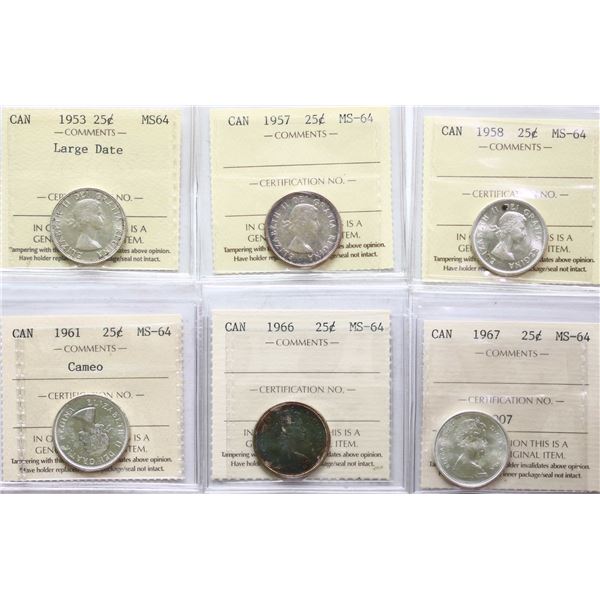 1953 25¢ "LD", 1957, 1958, 1961 Cameo, 1966, 1967 All 6 coins ICCS Very Choice Mint State-64.
